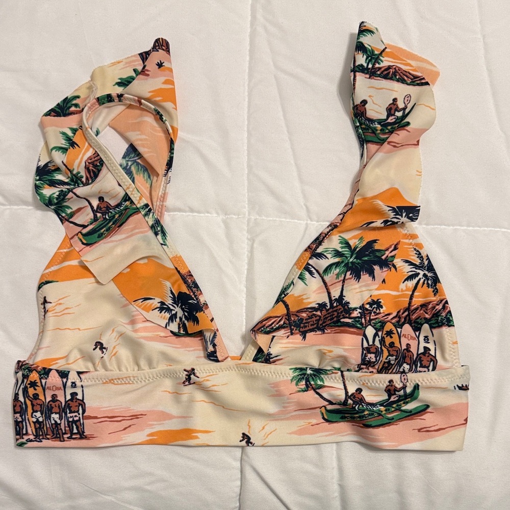 Aerie Tropical Print Bikini Top in Orange and Cream Size M